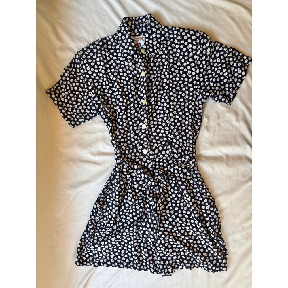 Studio Wear Petite Vintage Daisy Floral Romper Black White Rayon Button Up